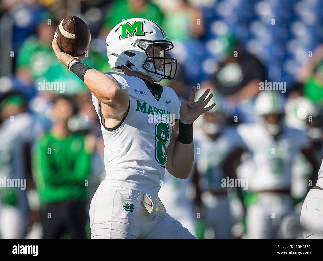 September 4, 2021: Marshall Thundering Herd quarterback Grant Wells (8) throws the ball during the regular season opening game between the Marshall Thundering Herd and the Navy Midshipmen at Navy-Marine Corps Memorial Stadium in Annapolis, Maryland Photographer: Cory Royster Stock Photo
