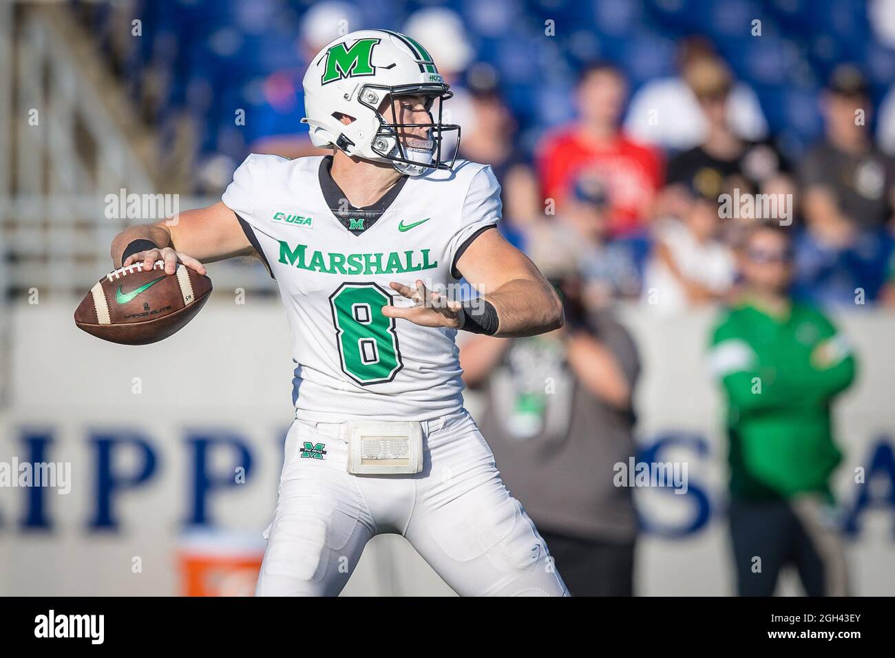 September 4, 2021: Marshall Thundering Herd quarterback Grant Wells (8) throws the ball during the regular season opening game between the Marshall Thundering Herd and the Navy Midshipmen at Navy-Marine Corps Memorial Stadium in Annapolis, Maryland Photographer: Cory Royster Stock Photo