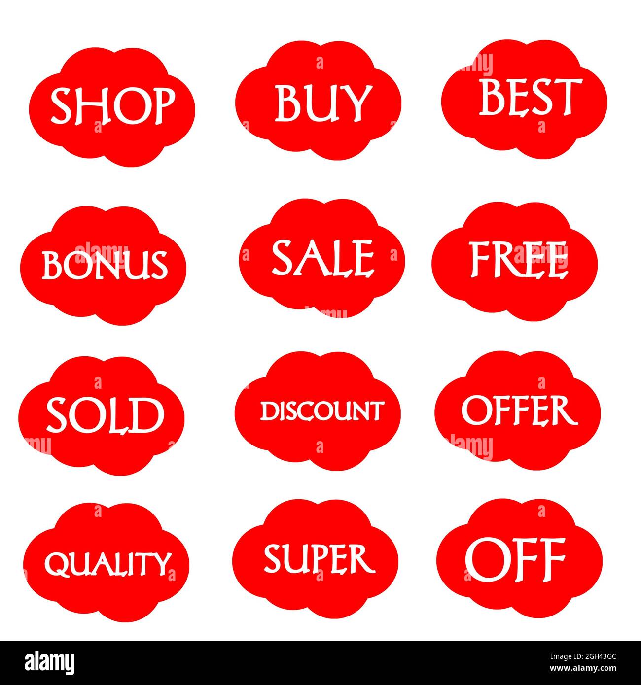 Super, sale, shop, discount, off, quality, bonus stickers red clouds ...