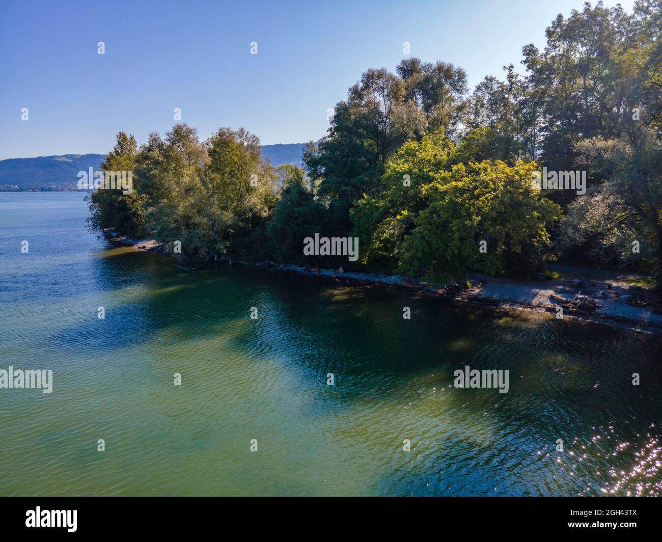 Aerial shot with a drone of the local recreation area at the Wocherhafen at the Lake Constance in Austria Stock Photo