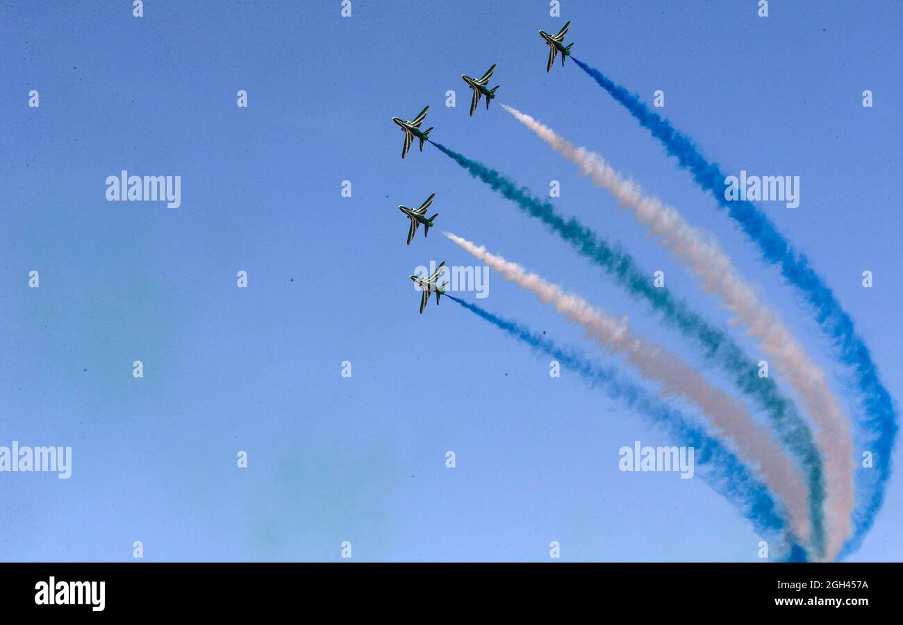 Athens, Greece. 4th Sep, 2021. An aerobatic team performs during the air show at the Tanagra Air Base, north of Athens, in Greece, Sept. 4, 2021. The Athens Flying Week (AFW) Tanagra International Air Show 2021, kicked off Saturday at the Tanagra Air Base. Credit: Marios Lolos/Xinhua/Alamy Live News Stock Photo