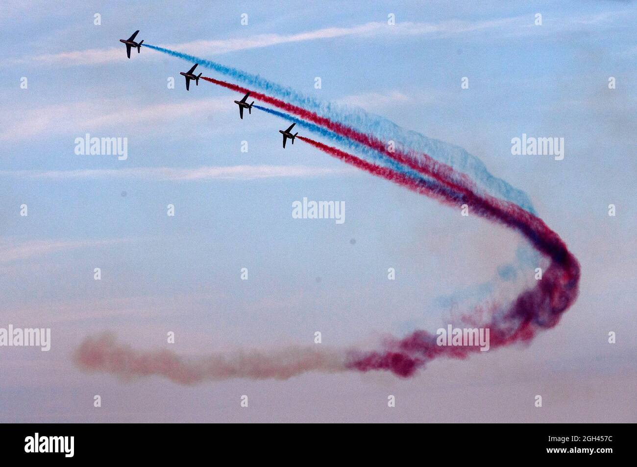 Athens, Greece. 4th Sep, 2021. An aerobatic team performs during the air show at the Tanagra Air Base, north of Athens, in Greece, Sept. 4, 2021. The Athens Flying Week (AFW) Tanagra International Air Show 2021, kicked off Saturday at the Tanagra Air Base. Credit: Marios Lolos/Xinhua/Alamy Live News Stock Photo
