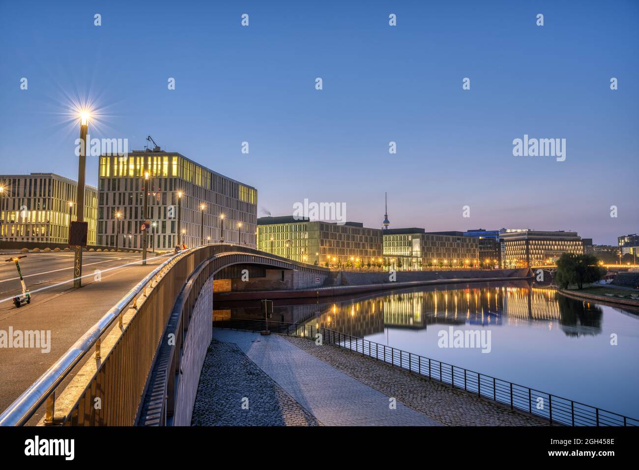 Dawn at the river Spree in Berlin with the Television tower in the back Stock Photo