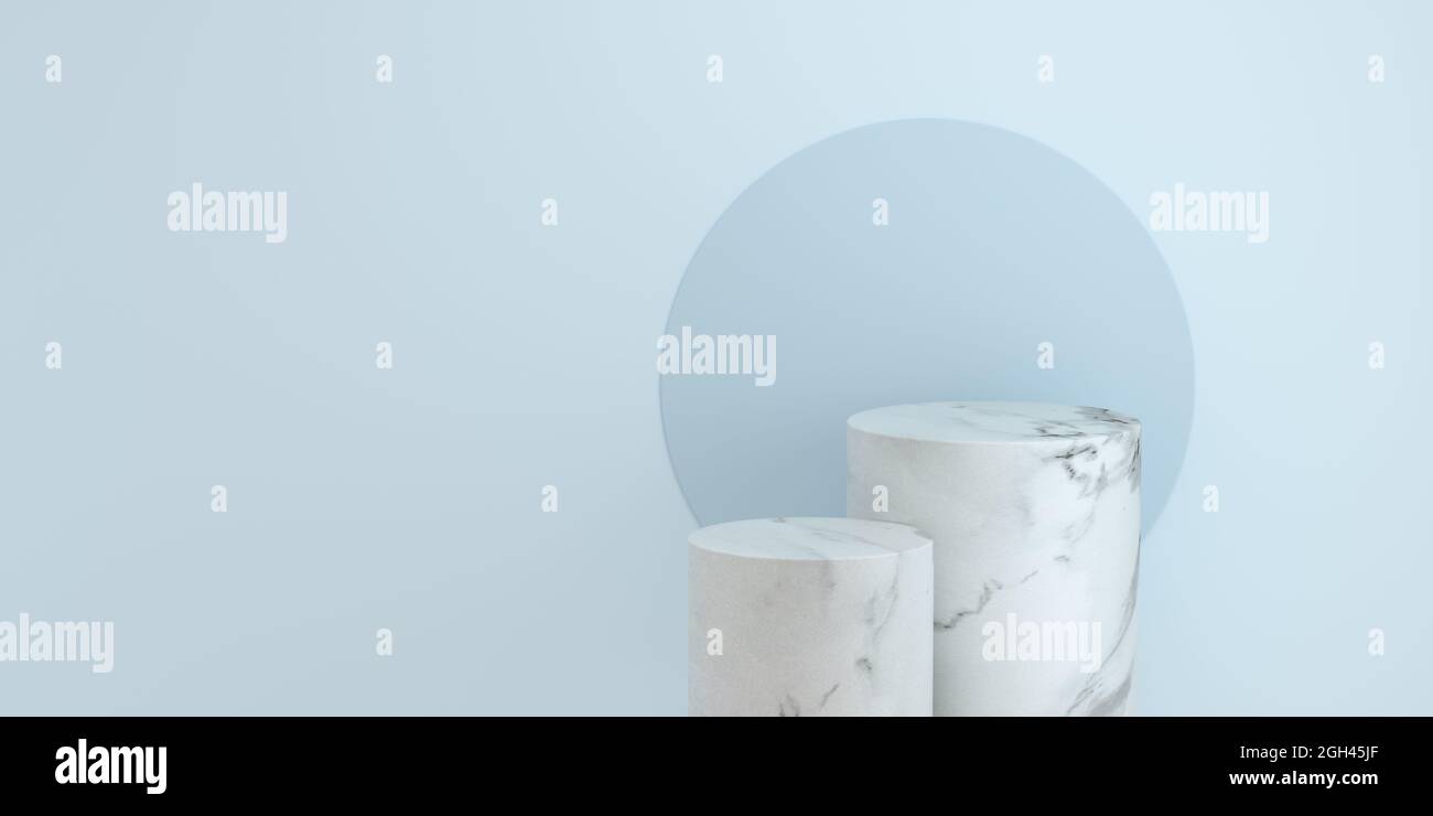 Marble podium pedestal product display on blue background with ...