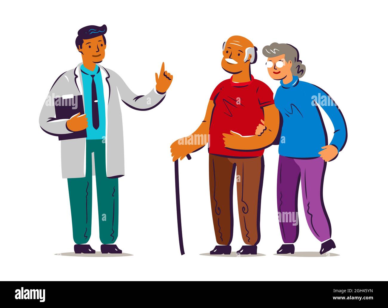 Senior patients and doctor. Volunteers help disabled old people. Vector illustration Stock Vector