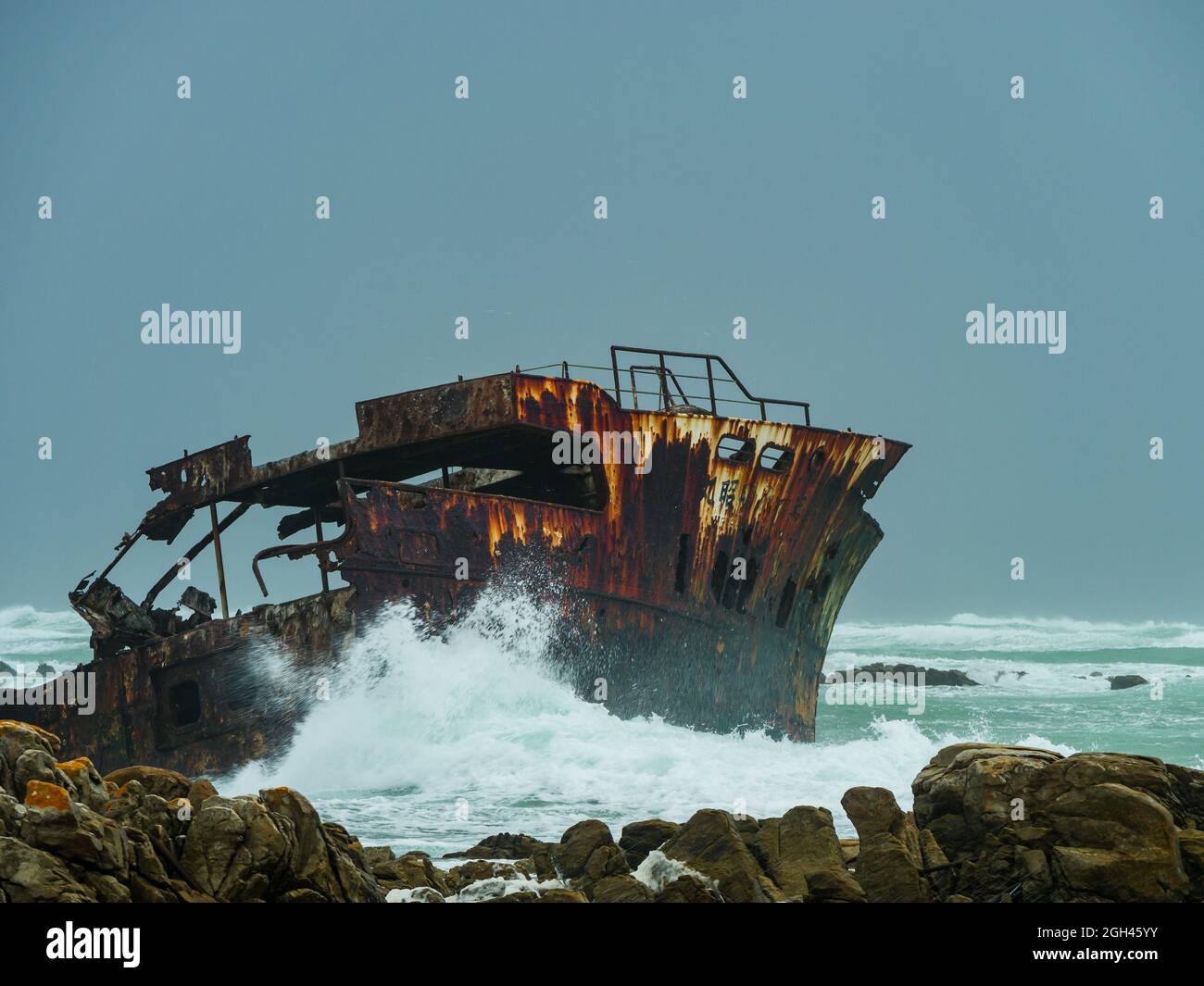 Wreck of the Meisho Maru No. 38 at Suiderstrand,. Cape Agulhas, Cape L'Agulhas, Cabo das Agulhas or Cape of Needles. Overberg. Western Cape. South Afr Stock Photo