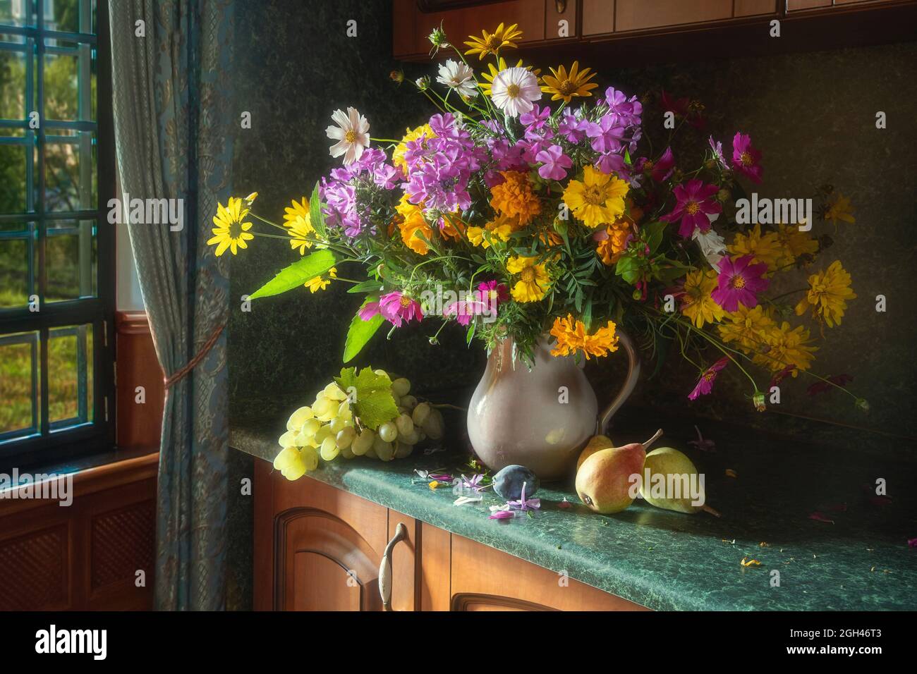 Still life with splendid bouquet and fruits in the interior Stock Photo ...