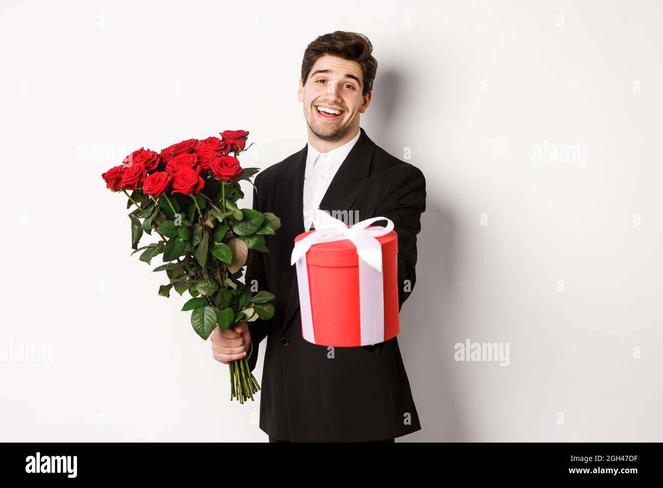 Man Getting Roses Concept of holidays, relationship and celebration. Image of handsome ...