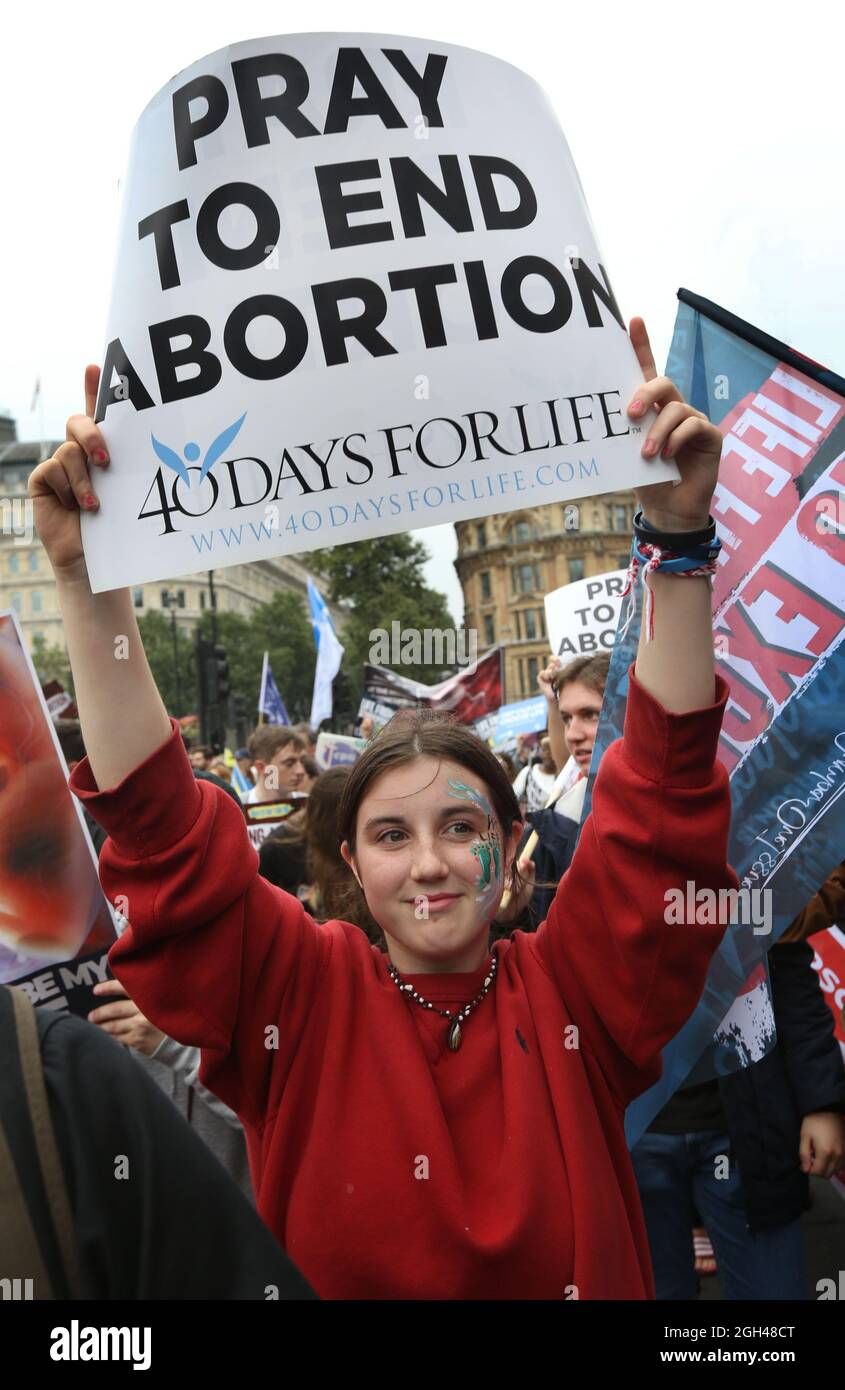 London, UK. 04th Sep, 2021. A protester holds a placard as thousands of pro-life supporters come together for the annual March for life UK. They are calling for an end to abortion as they believe life starts at conception. The march follows a ban on abortion for most women in Texas, USA at the beginning of September. Credit: SOPA Images Limited/Alamy Live News Stock Photo
