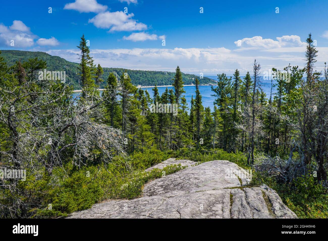 View on Tadoussac bay and Tadoussac harbor from Anse a l'Eau Hill, in the cute village of Tadoussac (Quebec, Canada) Stock Photo