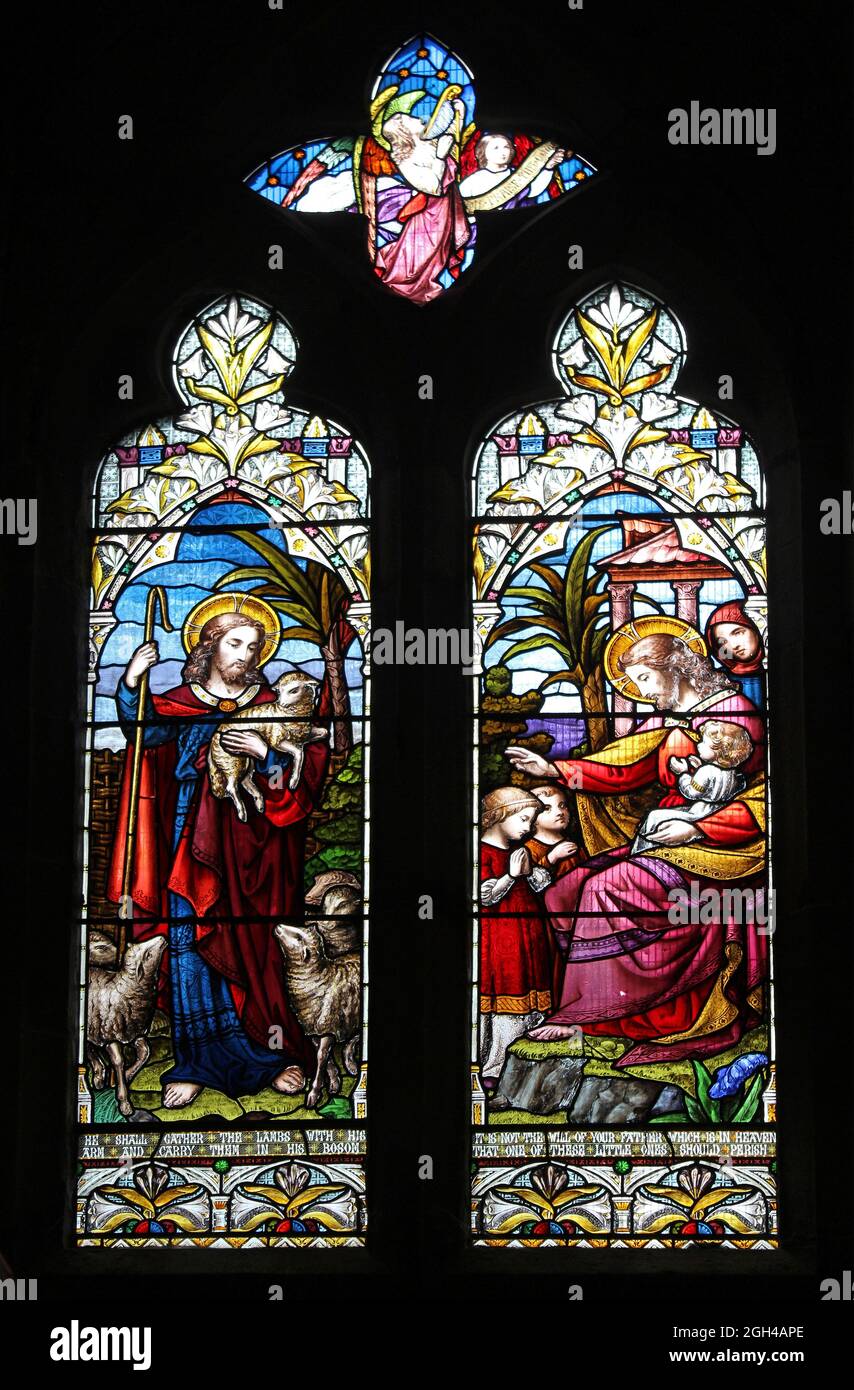 Jesus Stained Glass - The Good Shepherd & Suffer little children to come unto me Stock Photo