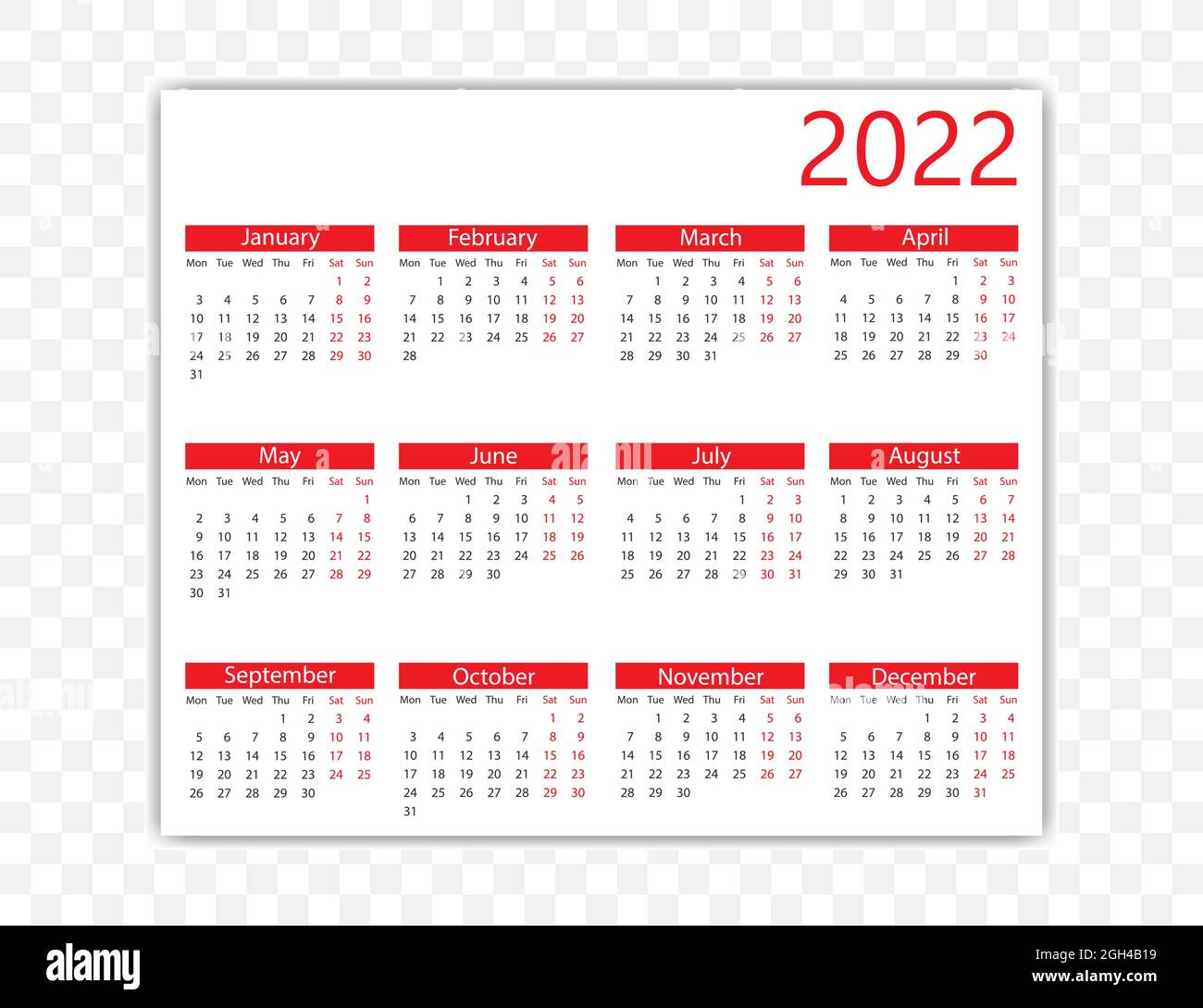 2022 Year, Calendar. Vector Illustration. Weeks Start On Monday Stock Vector Image & Art - Alamy