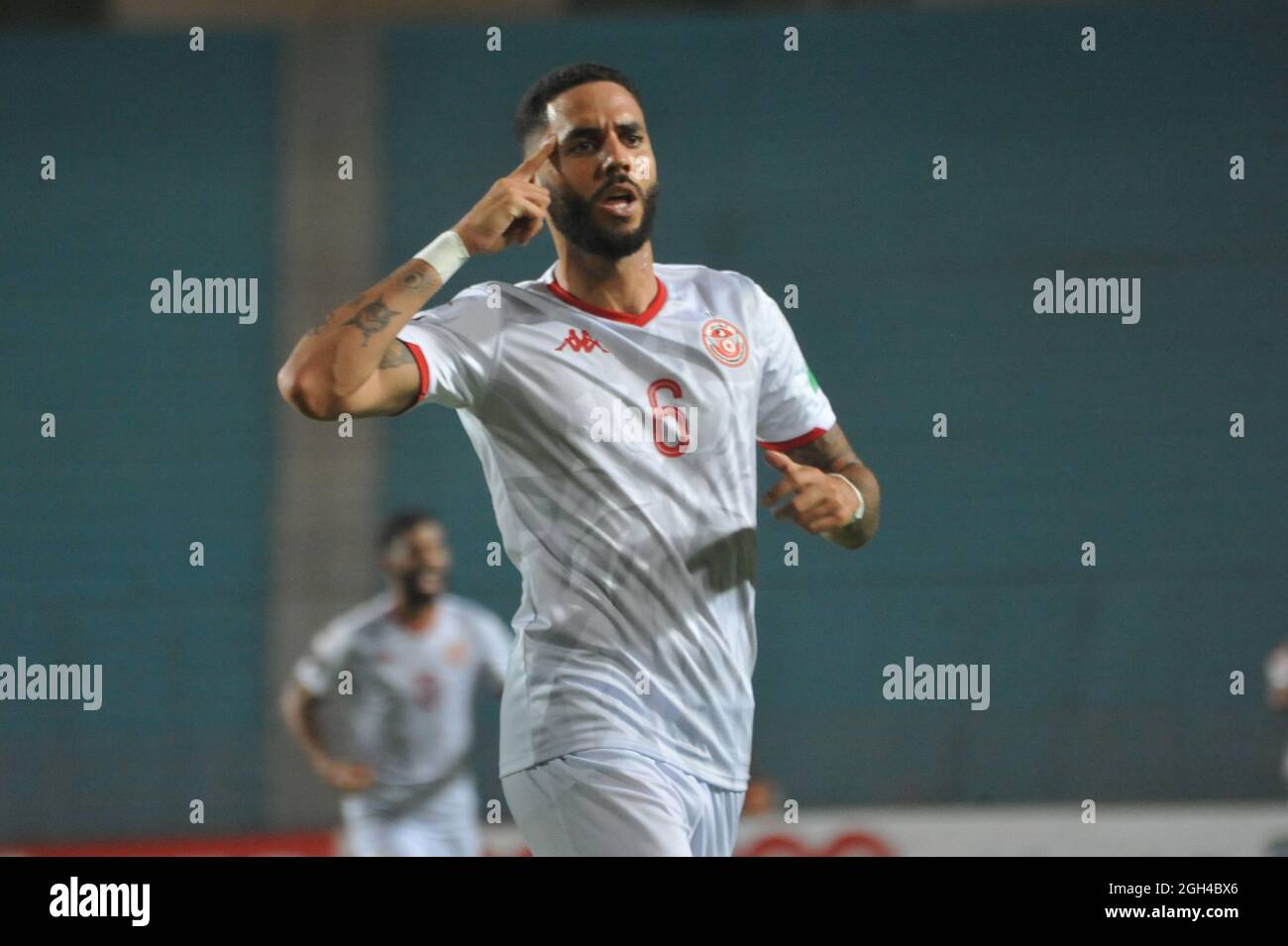 Non Exclusive: TUNIS, TUNISIA - SEPTEMBER 3: Dylan Bronn (06)  of Tunisia team celebrates during a match of  the 2022 World Cup Qualifiers, between  T Stock Photo