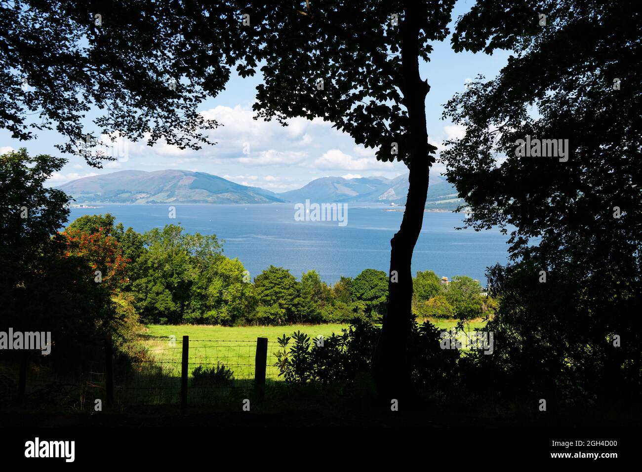 View of Bute from Bogany Wood or Skippers Wood, Rothesay, Isle of Bute, Argyll and Bute, Scotland, UK Stock Photo