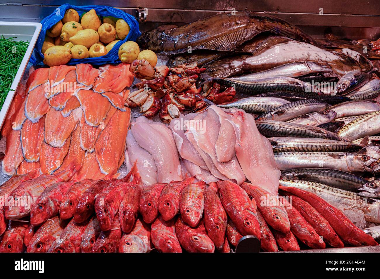 Fish and Seafood on display at a market stall in Ireland Stock Photo