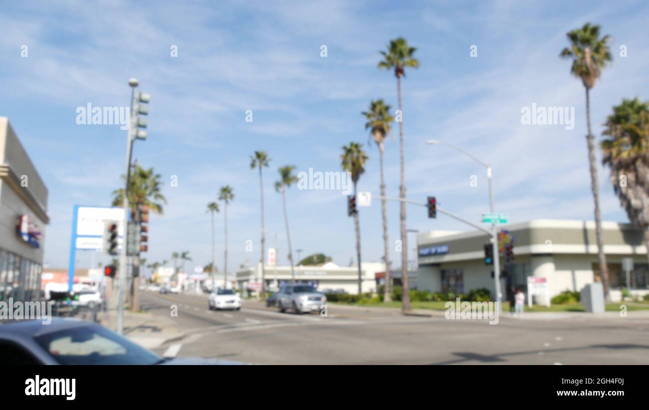 Defocused Palm trees on Route 101 american highway, blurred pacific ...