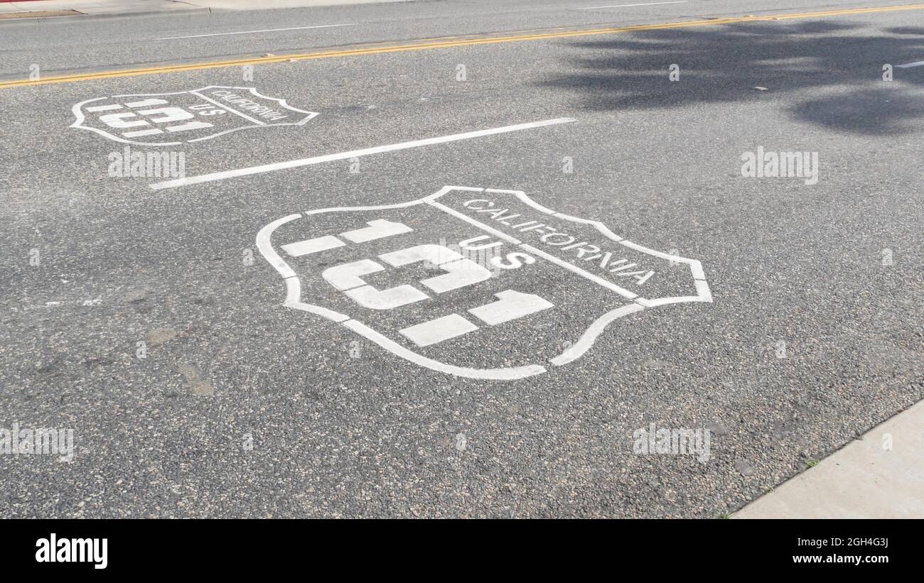 Pacific ocean Coast Highway road marking on asphalt, historic route 101 ...