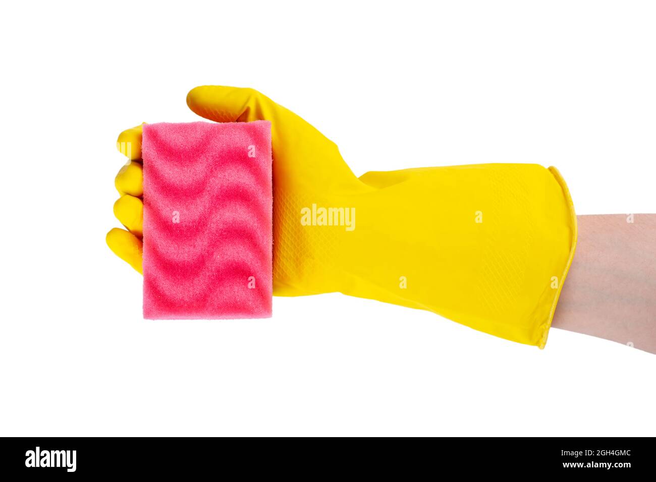 Cleaning concept hand in a yellow rubber glove holds a pink sponge