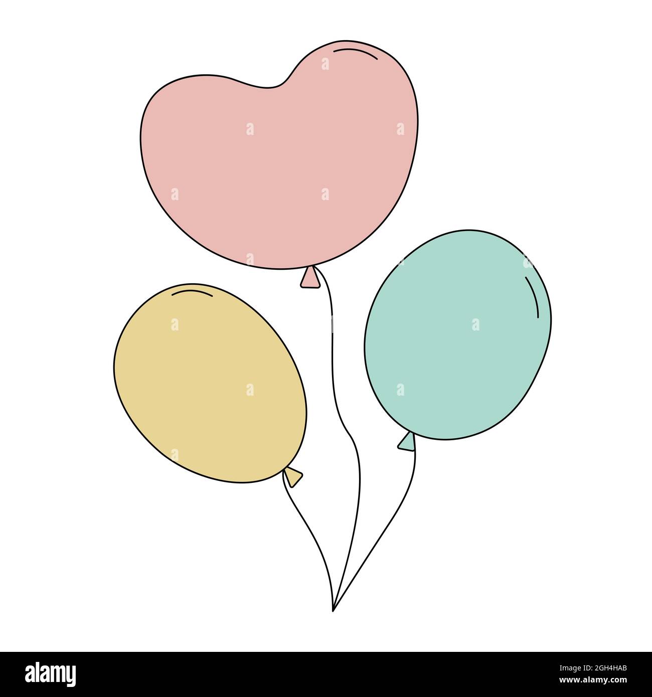 Color balloons in doodle style. Heart shaped balloon. Vector illustration isolated on white background. Festive decoration for party, birthday, weddin Stock Vector