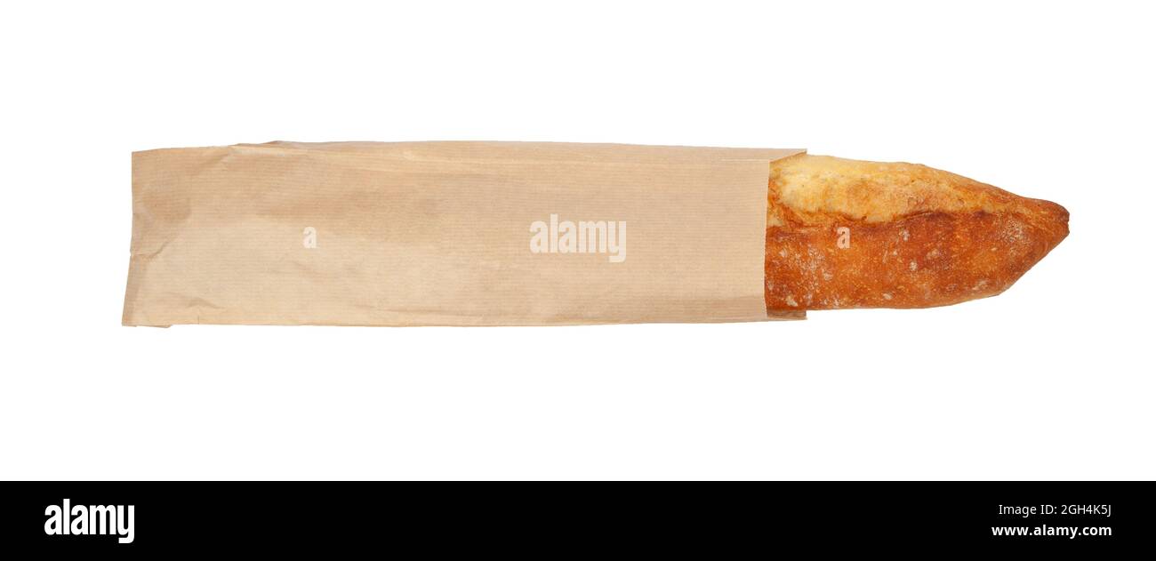 Freshly baked baguette on a paper bag isolated on white background, top ...
