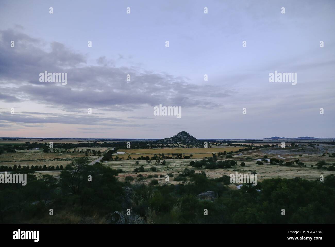 Sweeping landscape shot of Pyramid Hill in central Victoria, Australia