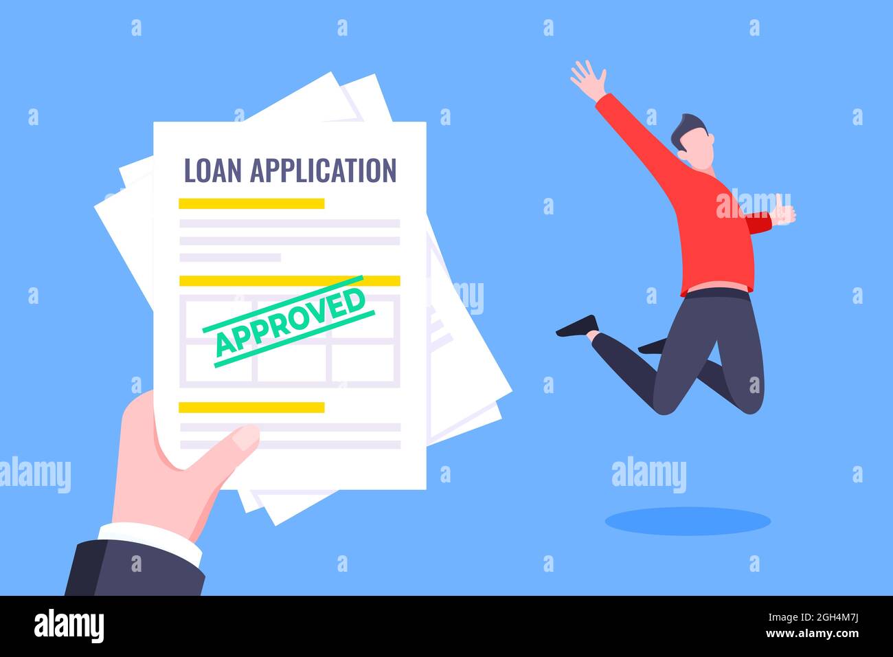 Hand holds loan approval application paper sheets document. Mortgage or