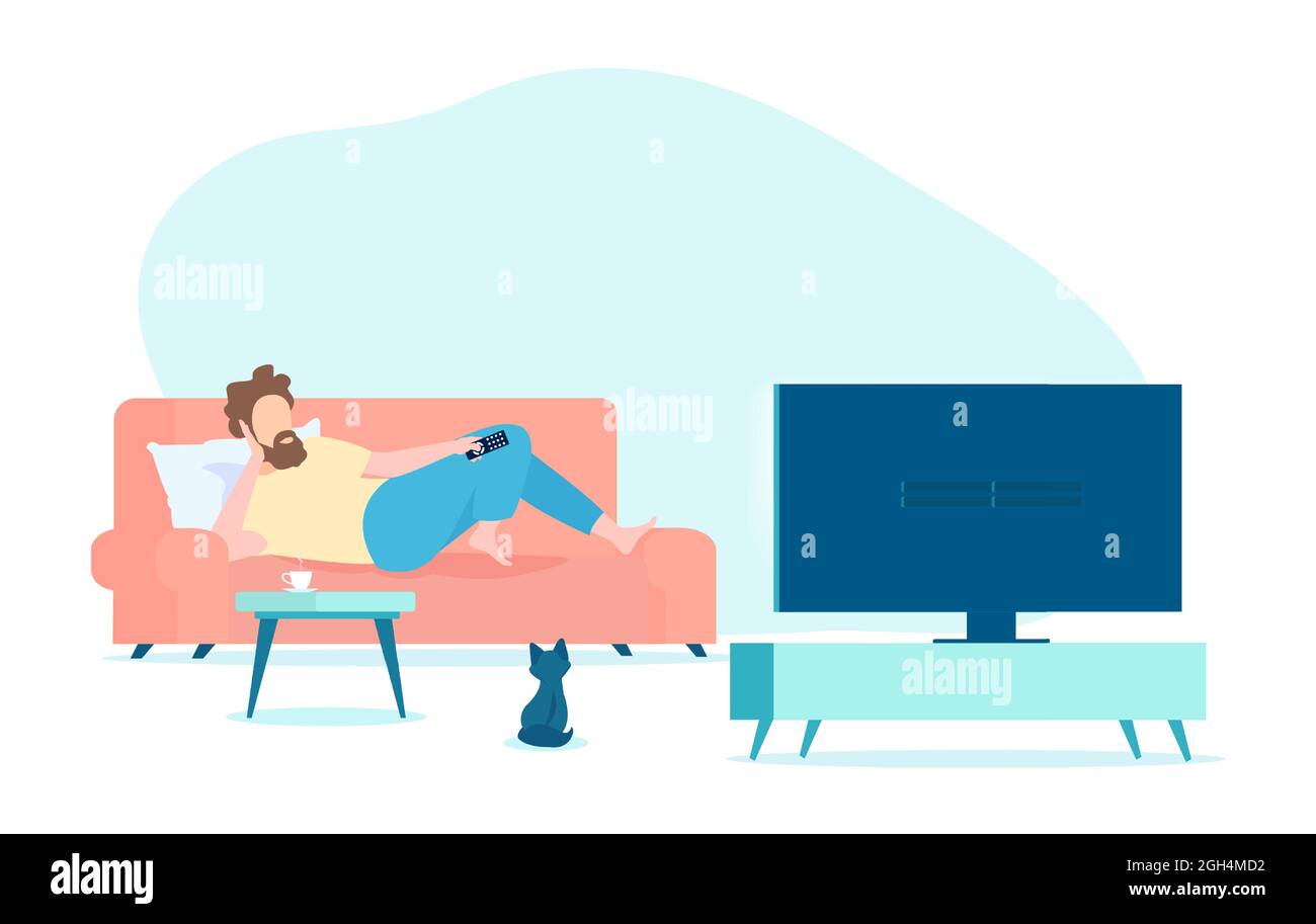 Vector of a young man sitting on the couch and watching TV. Stock Vector