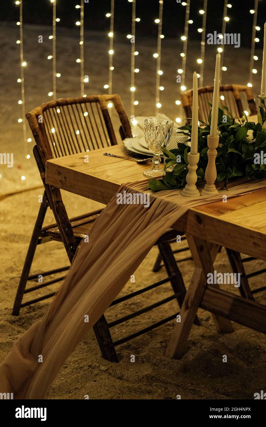 beach dinner romantic set up Stock Photo