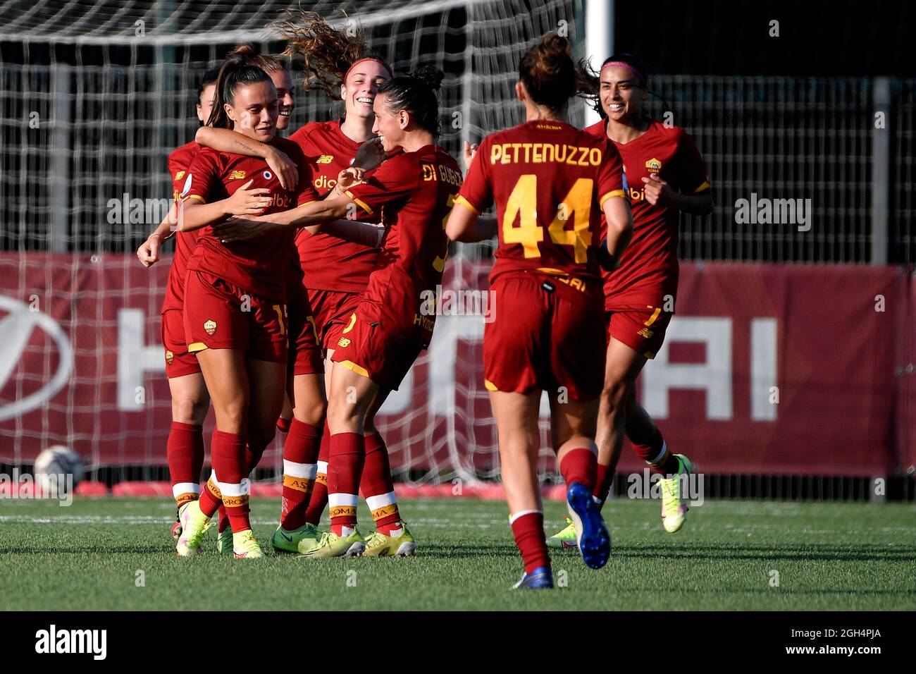 Annamaria Serturini of AS Roma celebrates with team mates after scoring the  goal of 2-0 during the Women Serie A 2021/2022 football match between AS  Roma and SSD Napoli calcio femminile at