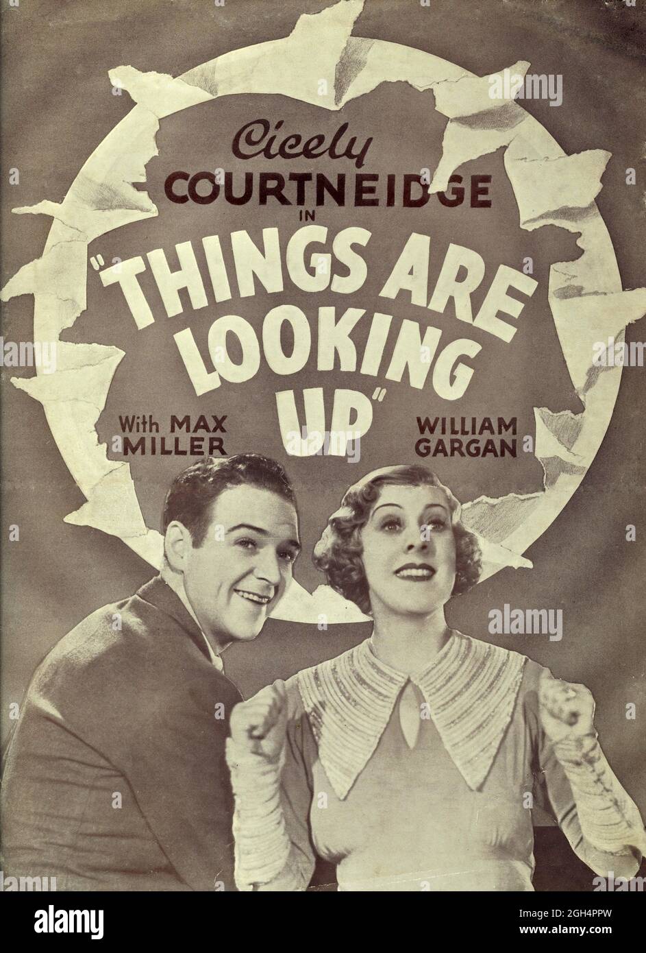 Front Cover of British Synopsis Sheet for CICELY COURTNEIDGE MAX MILLER (not shown) and WILLIAM GARGAN (with VIVIEN LEIGH as uncredited schoolgirl) in THINGS ARE LOOKING UP 1935 director ALBERT DE COURVILLE producer Michael Balcon Gaumont British Picture Corporation Stock Photo