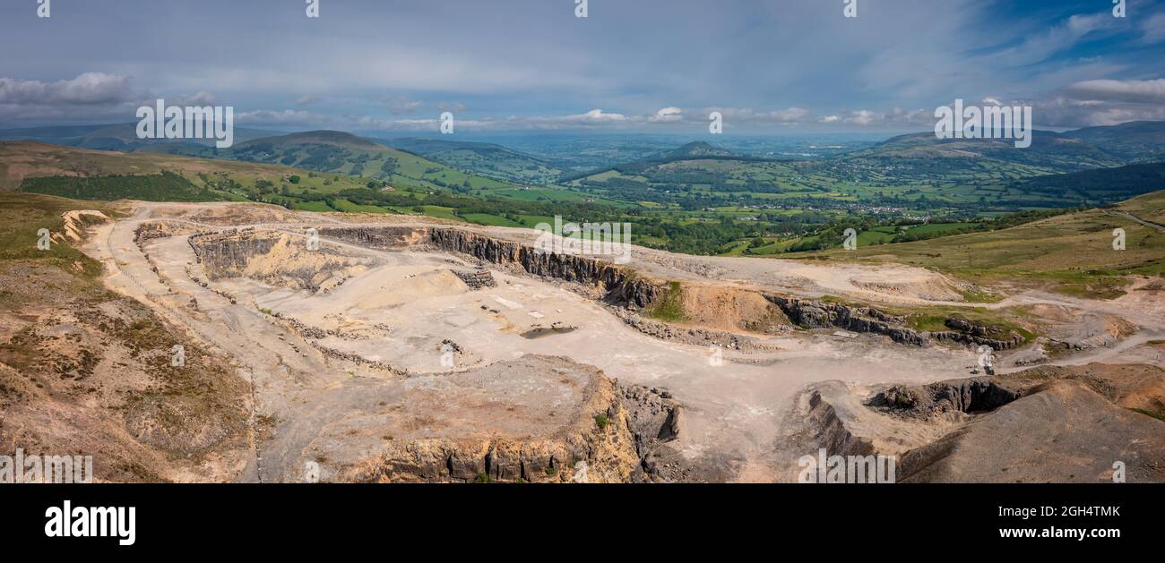 Aerial view of Llangynidr Mountain and quarry in South Wales, a popular location for movies and