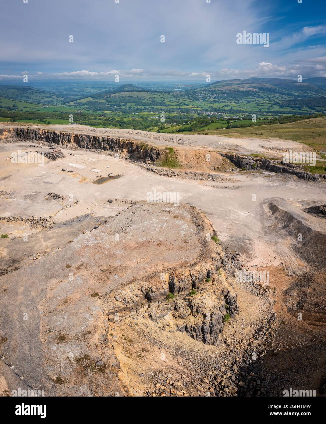Aerial view of Llangynidr Mountain and quarry in South Wales, a popular location for movies and