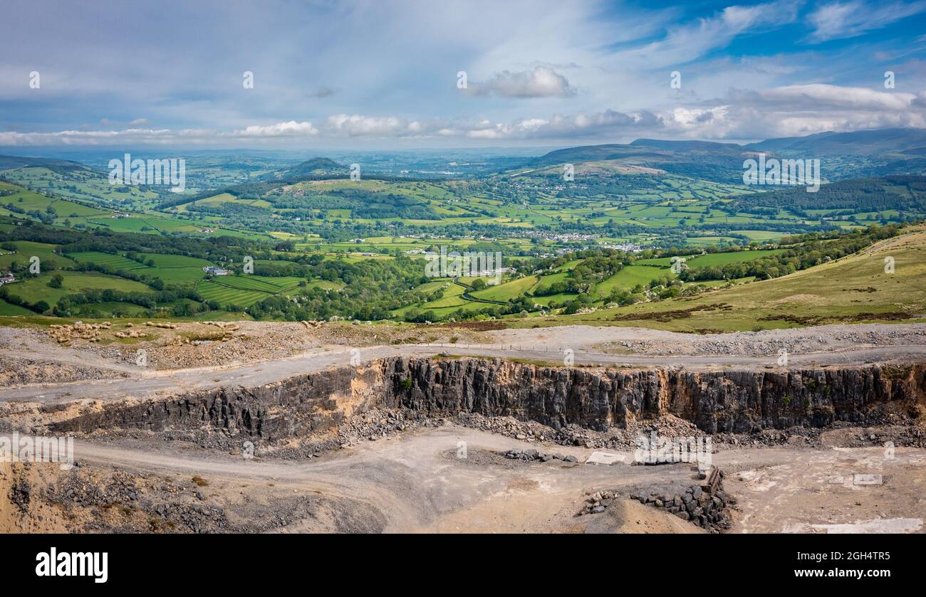 Aerial view of Llangynidr Mountain and quarry in South Wales, a popular location for movies and