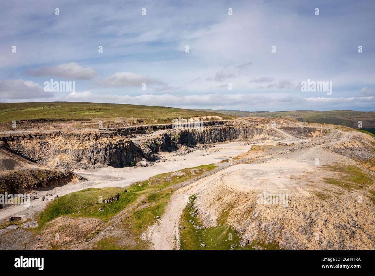 Aerial view of Llangynidr Mountain and quarry in South Wales, a popular location for movies and