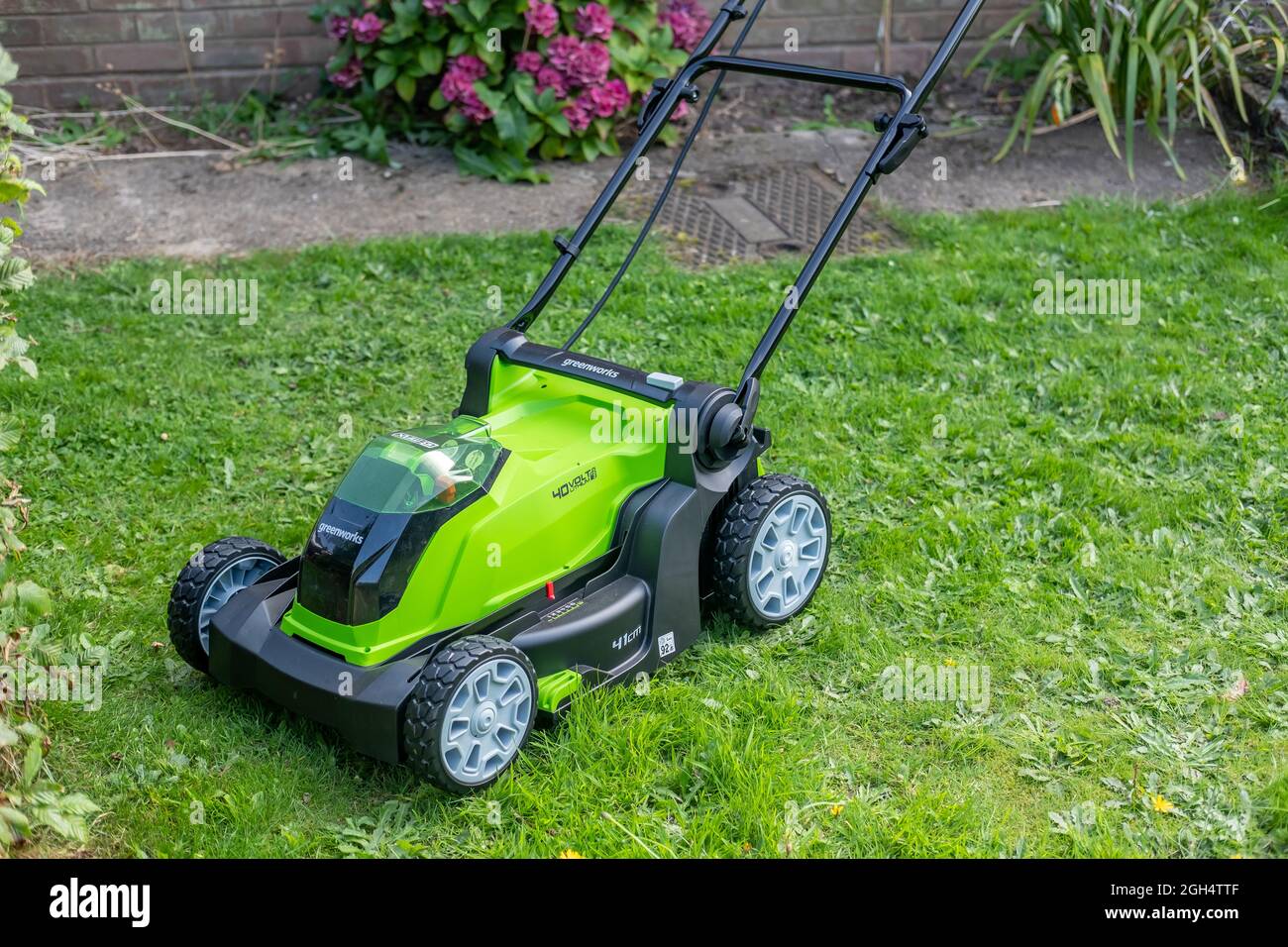 Norwich, Norfolk, UK September 4 2021. Close up of a Greenworks 40v