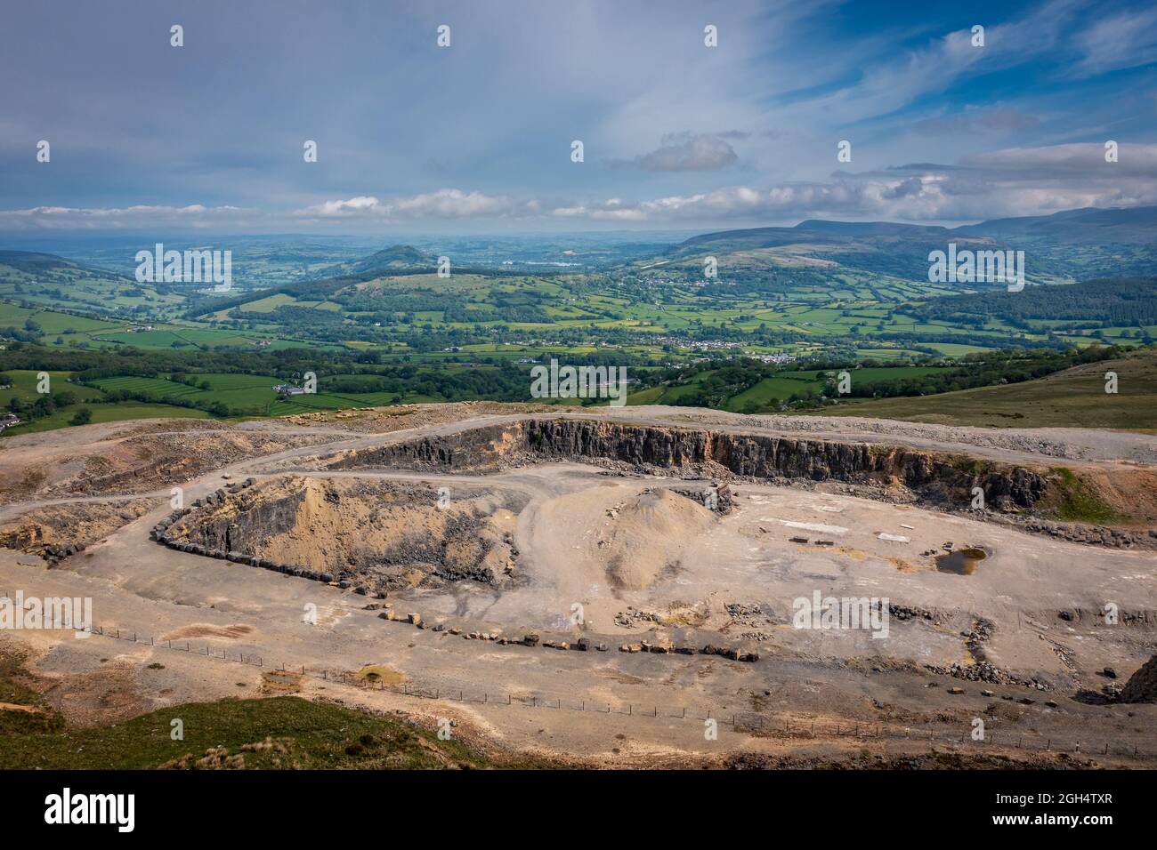 Aerial view of Llangynidr Mountain and quarry in South Wales, a popular location for movies and