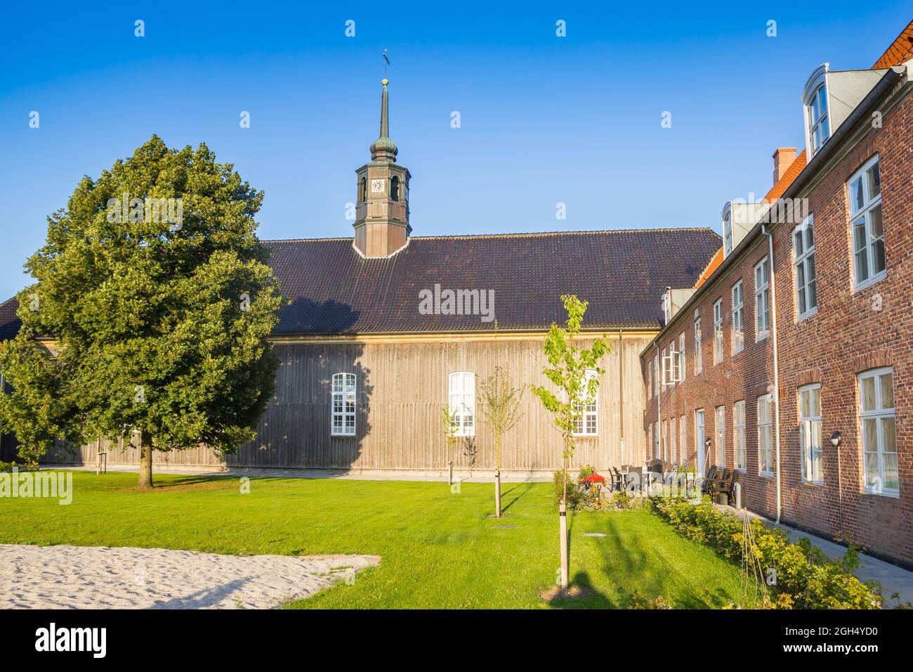 Back of the historic Moravian church in Christiansfeld, Denmark Stock Photo