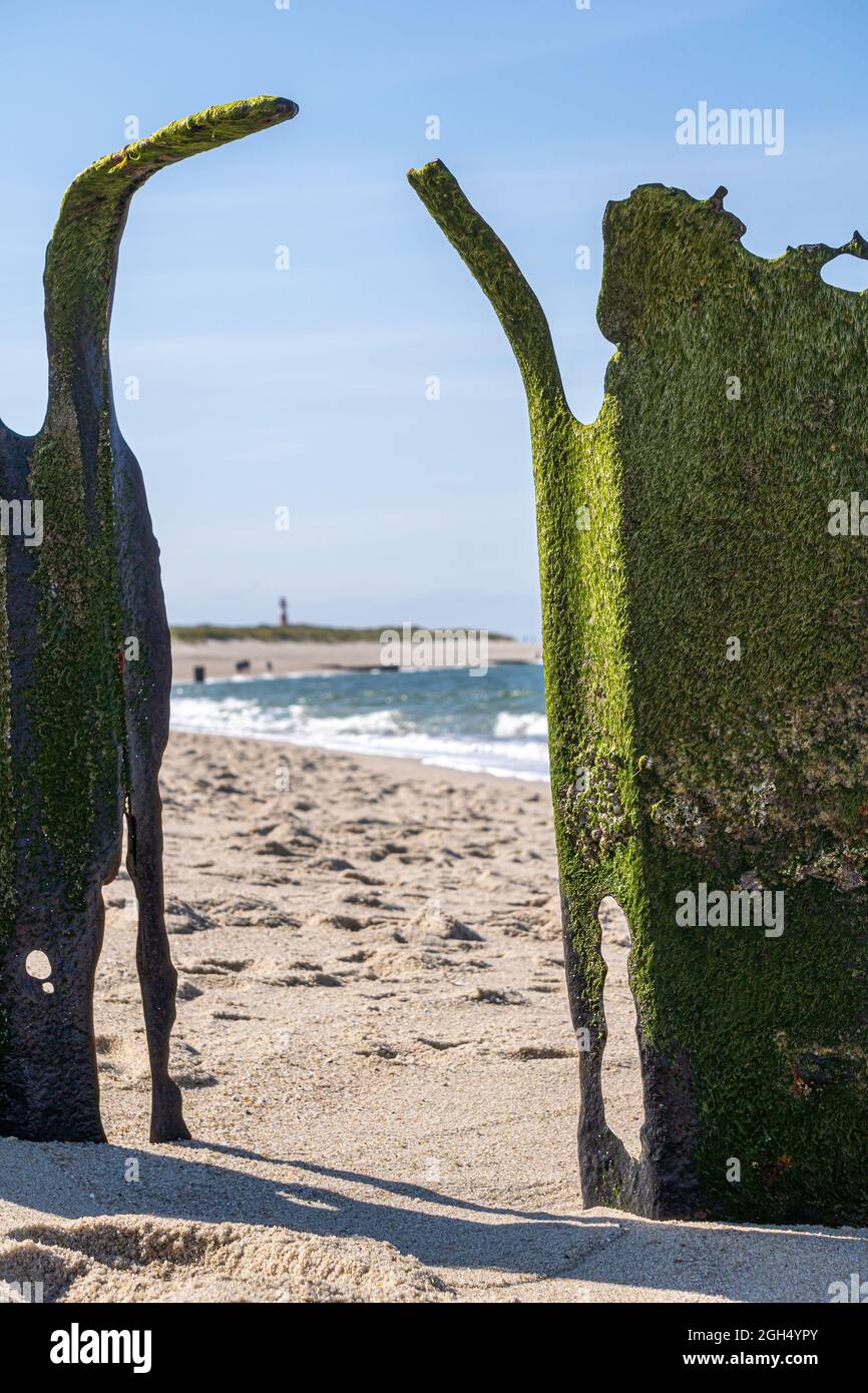 Beach scene with rusty remains of a groyne. Focus on foregound. Stock Photo