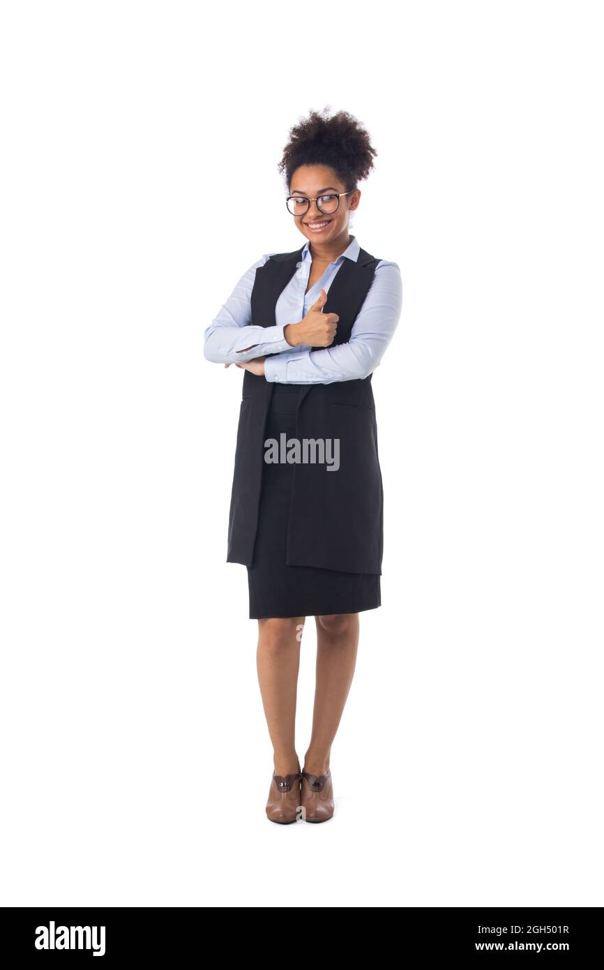Happy african american business woman thumbs up isolated on white ...