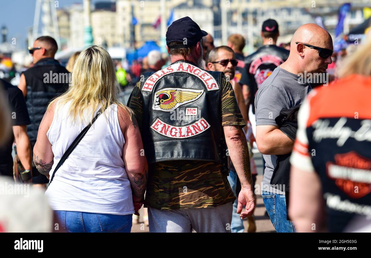 Brighton UK 5th September 2021 - Thousands of bikers  at the Ace Cafe Reunion Brighton  Burn Up event held along Madeira Drive on the seafront . The event is acclaimed as one of the best motorcycle events in the World and celebrates the famous North London Ace cafe which closed in 1969 and then reopened in 2001 from where bikers set off from in the morning and ride to Brighton : Credit Simon Dack / Alamy Live News Stock Photo