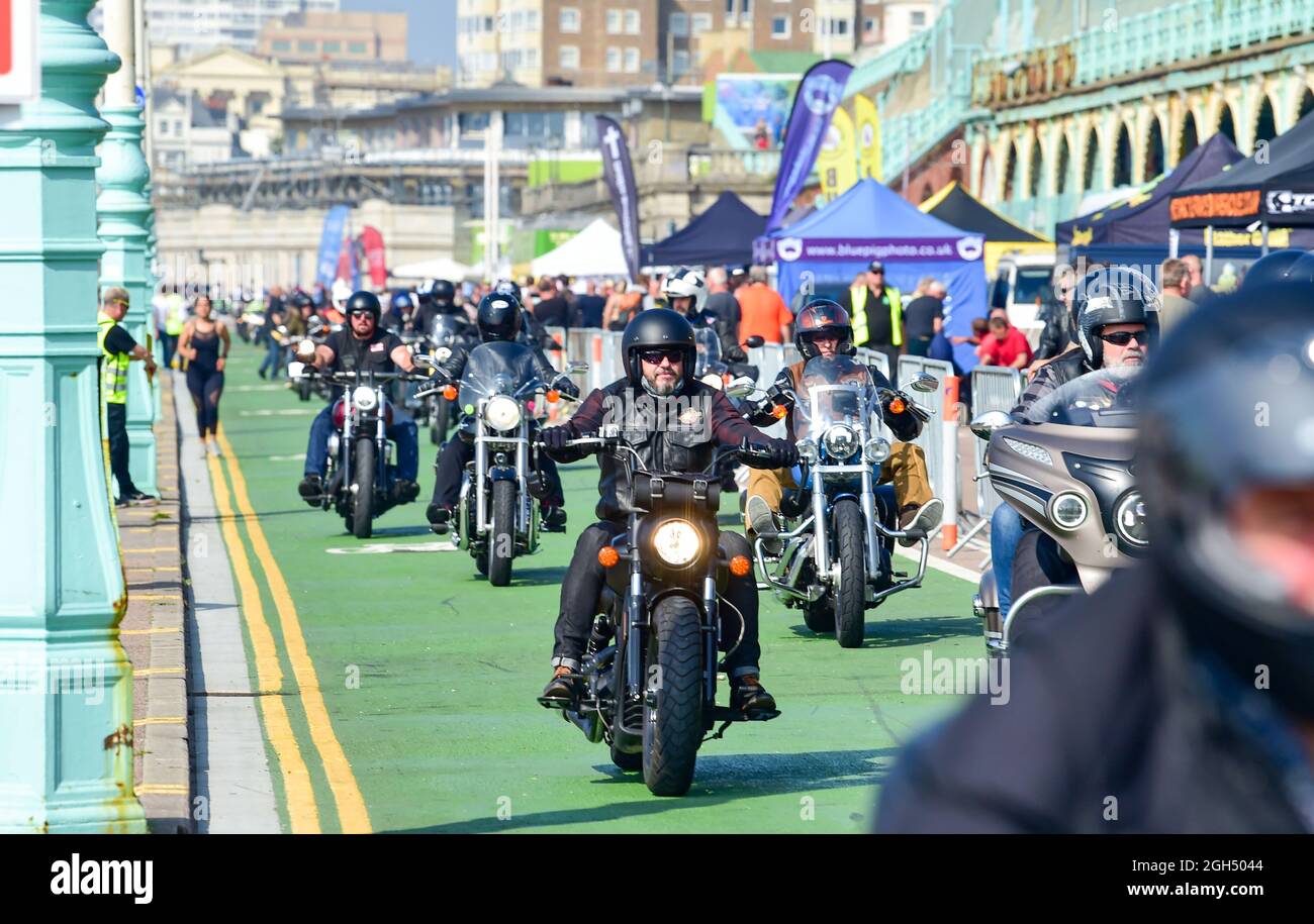 Brighton UK 5th September 2021 - Thousands of bikers  at the Ace Cafe Reunion Brighton  Burn Up event held along Madeira Drive on the seafront . The event is acclaimed as one of the best motorcycle events in the World and celebrates the famous North London Ace cafe which closed in 1969 and then reopened in 2001 from where bikers set off from in the morning and ride to Brighton : Credit Simon Dack / Alamy Live News Stock Photo
