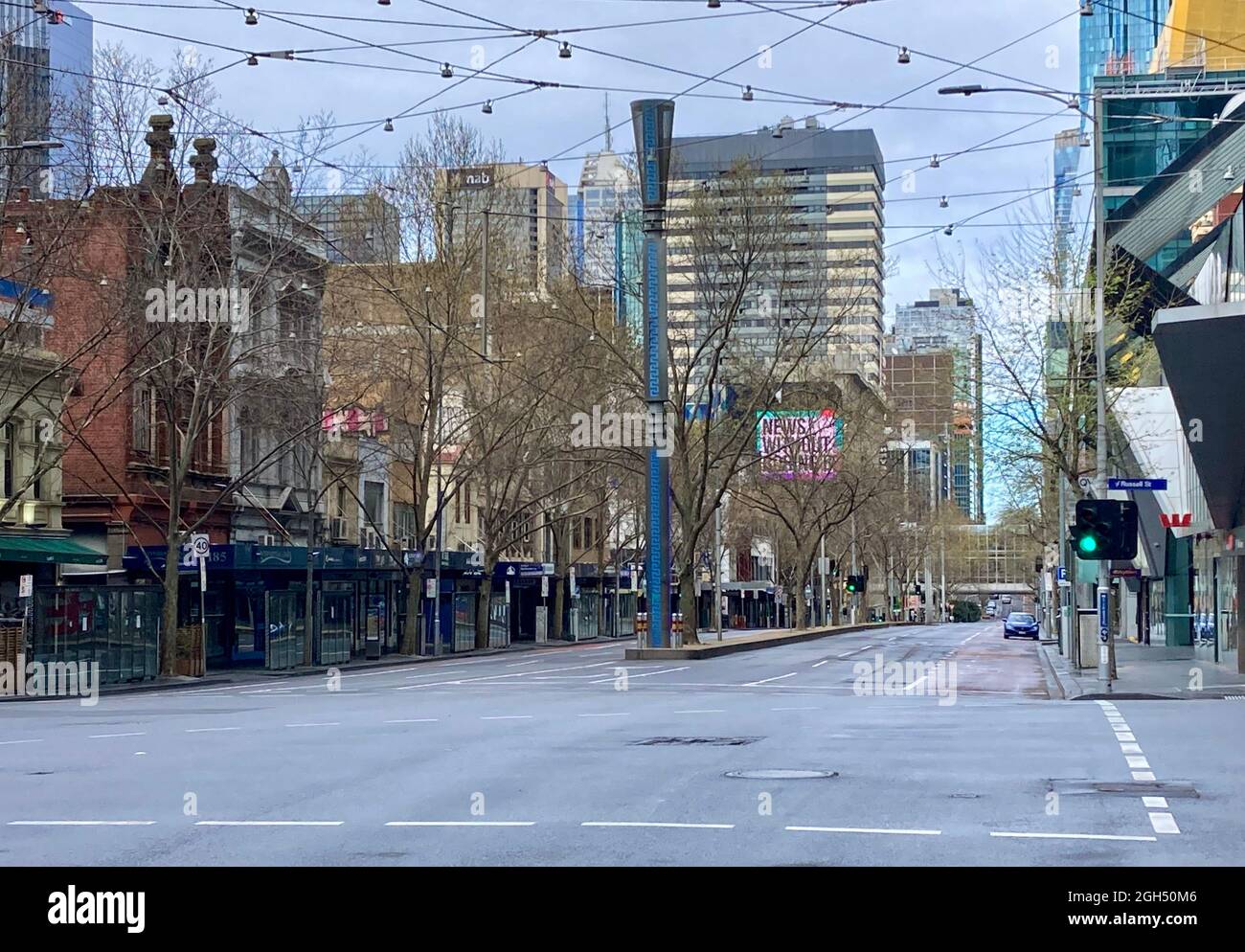 Deserted and empty Lonsdale Street in in Melbourne's central business district city centre during a COVID-19 lockdown with no cars Stock Photo