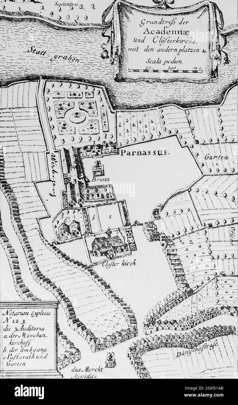 Layout of the Academy and monastery and other places in Kiel town, historic engraving of 1665 with scale, Schleswig-Holstein, North Germany, Stock Photo