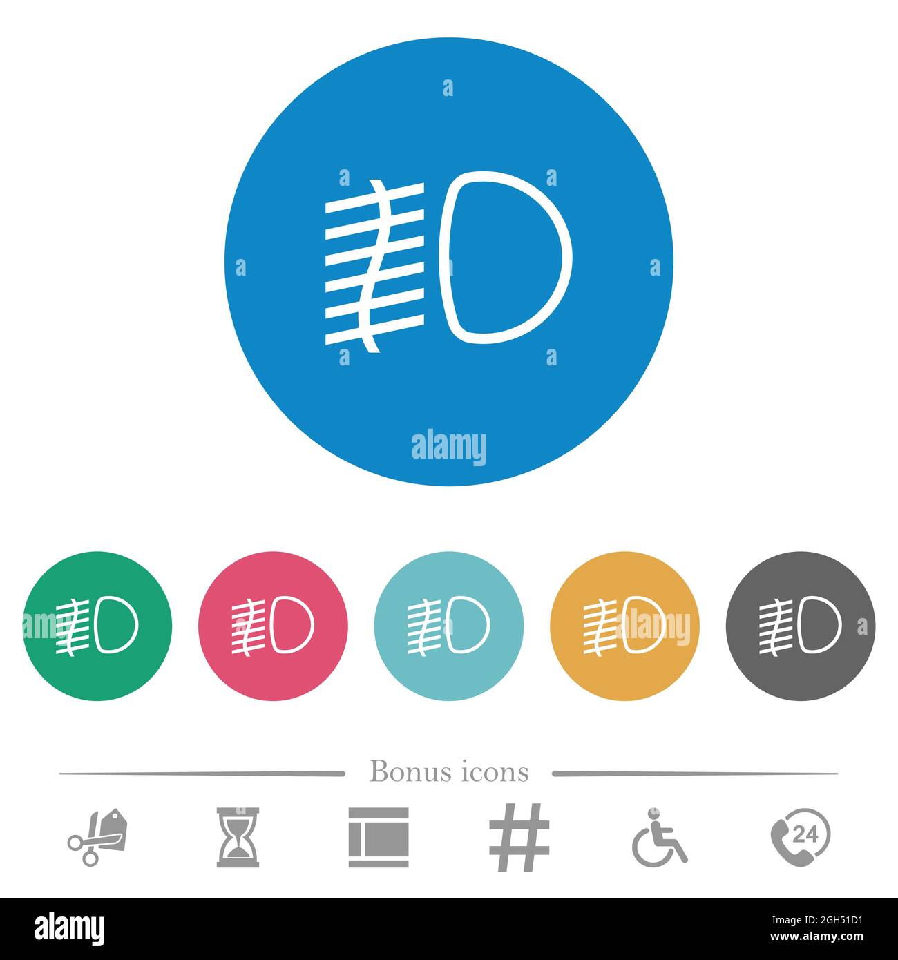 Fog lights flat white icons on round color backgrounds. 6 bonus icons