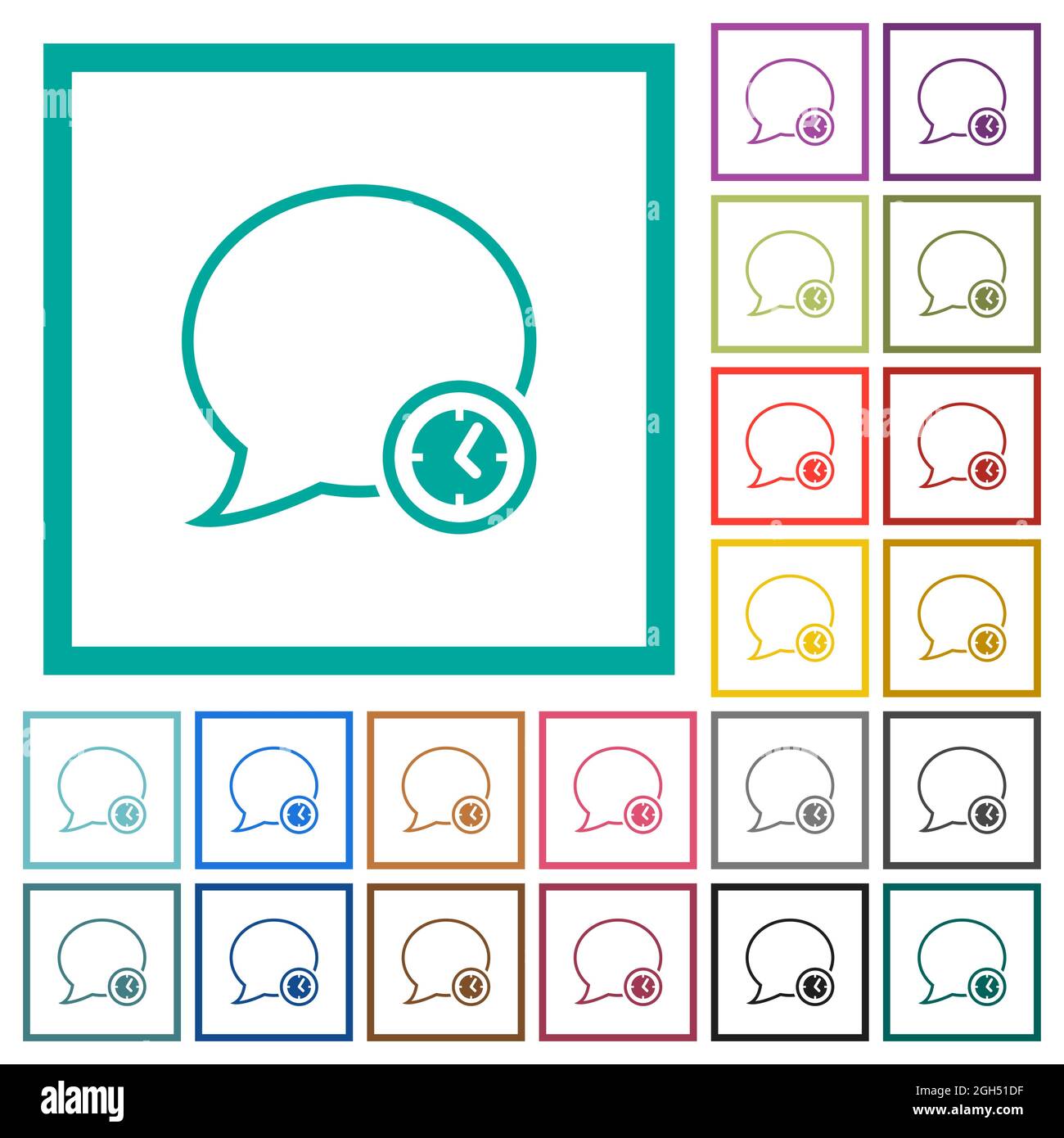 Message time outline flat color icons with quadrant frames on white ...