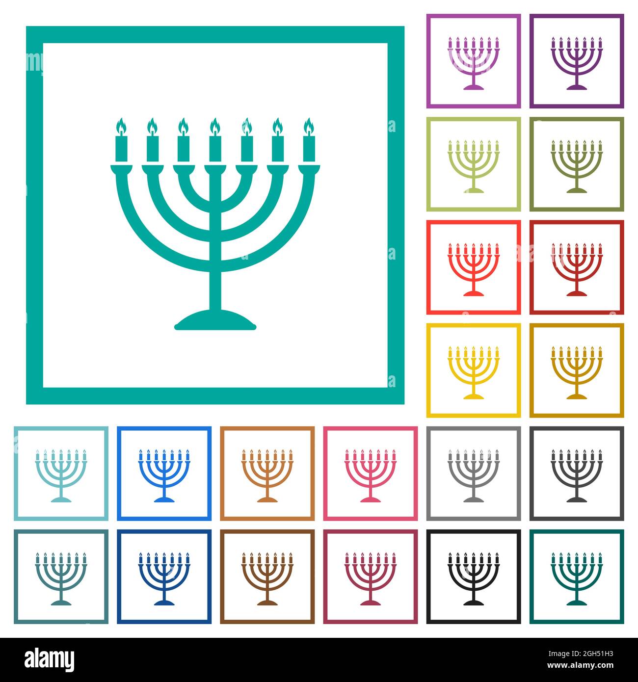 Menorah with burning candles solid flat color icons with quadrant frames on white background Stock Vector