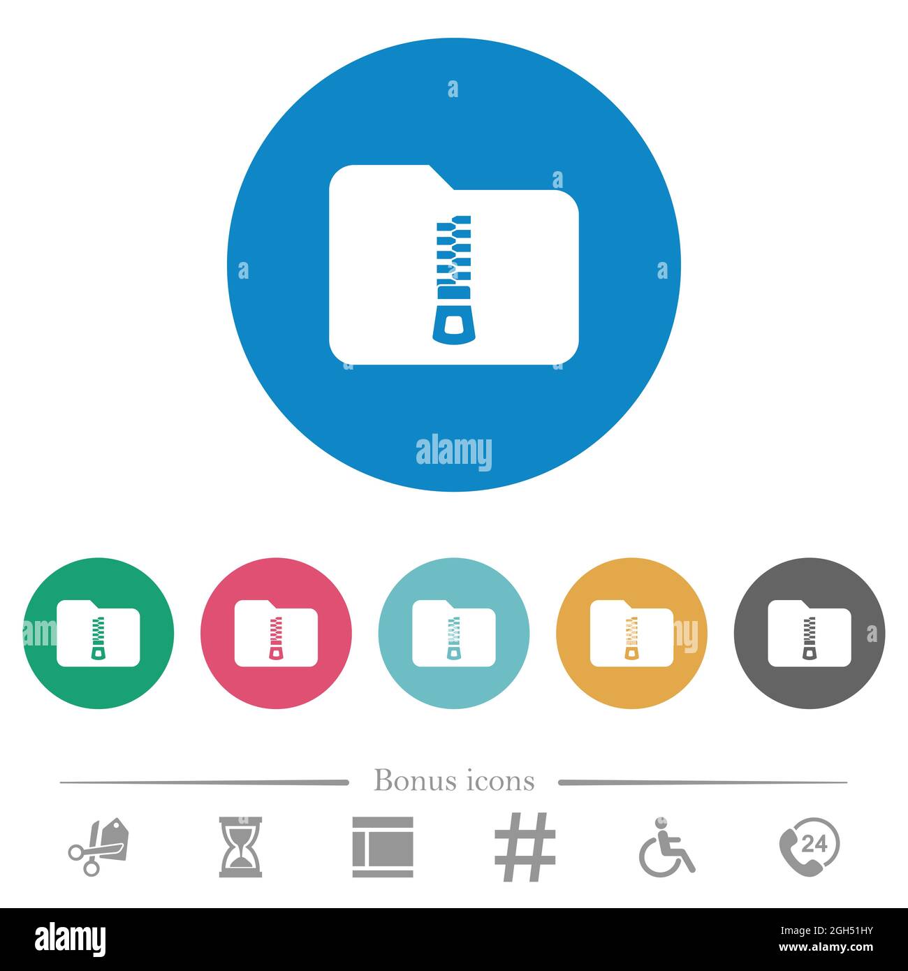 Compressed folder flat white icons on round color backgrounds. 6 bonus ...
