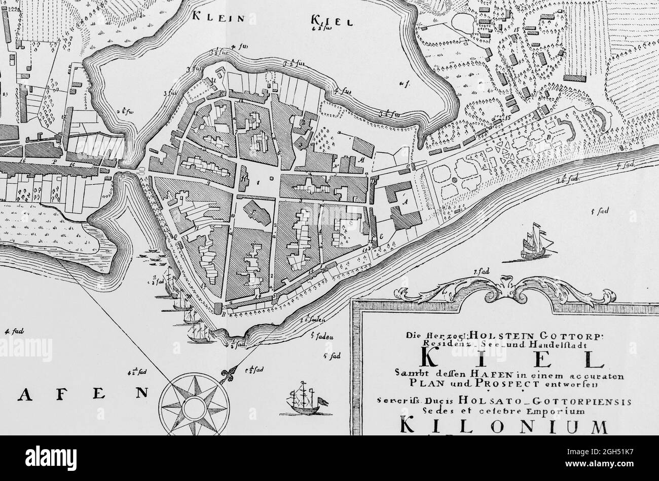 Detail of the historic map of Kiel or Kilonium at about 1800, Dukal residence of  Holstein-Gottorf, illustration , Schleswig-Holstein, North Germany, Stock Photo