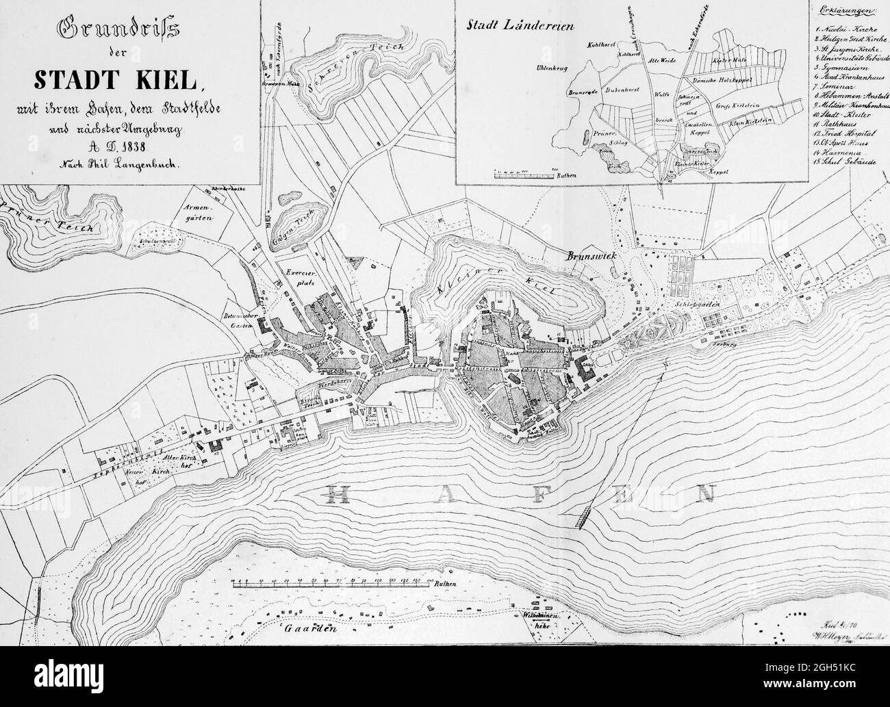 Historic map of Kiel town, castle  and harbor and the surrounding Kiel real estates, illustration, Schleswig-Holstein, North Germany, Stock Photo