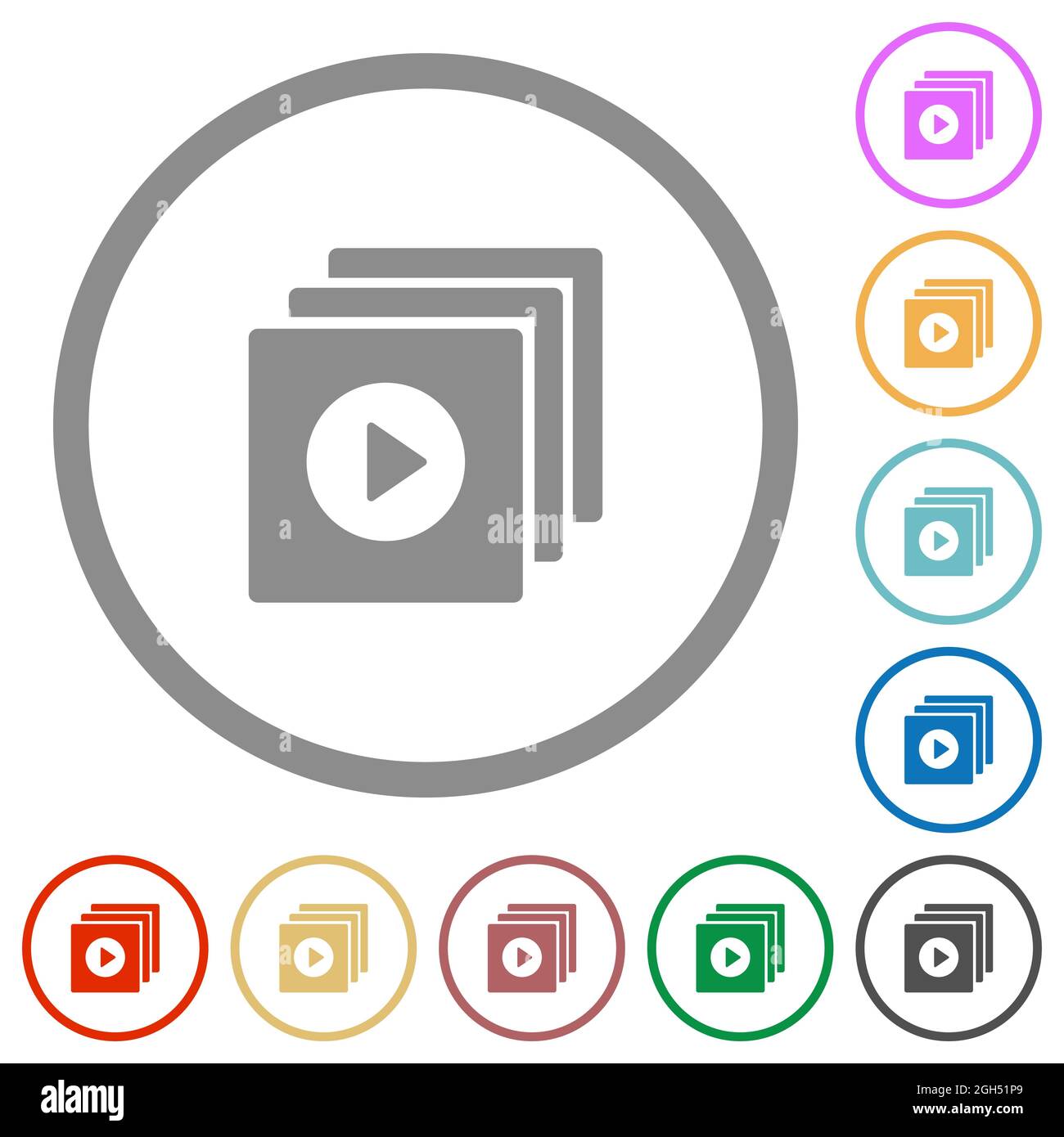 Play files solid flat color icons in round outlines on white background ...